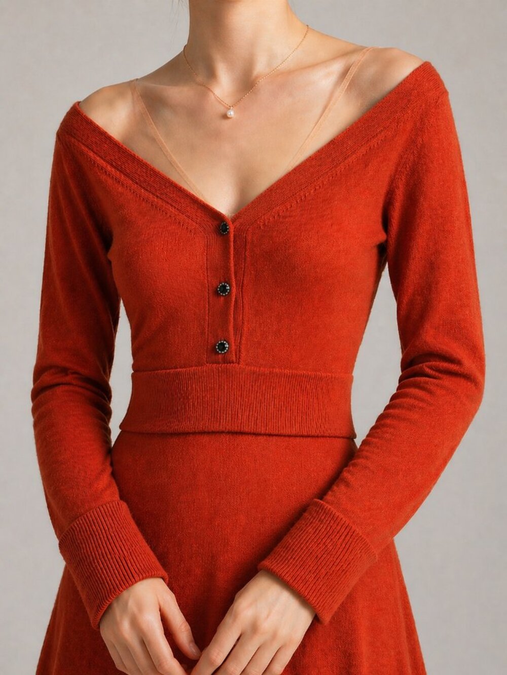 New Cashmere Wool Rust Burnt Orange Knit Midi Dress Mesh Yoke Shoulder XS